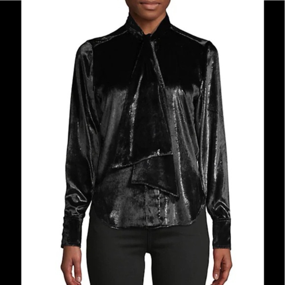 FRAME metallic black velvet shimmer long sleeved pussybow neck tie shirt small
